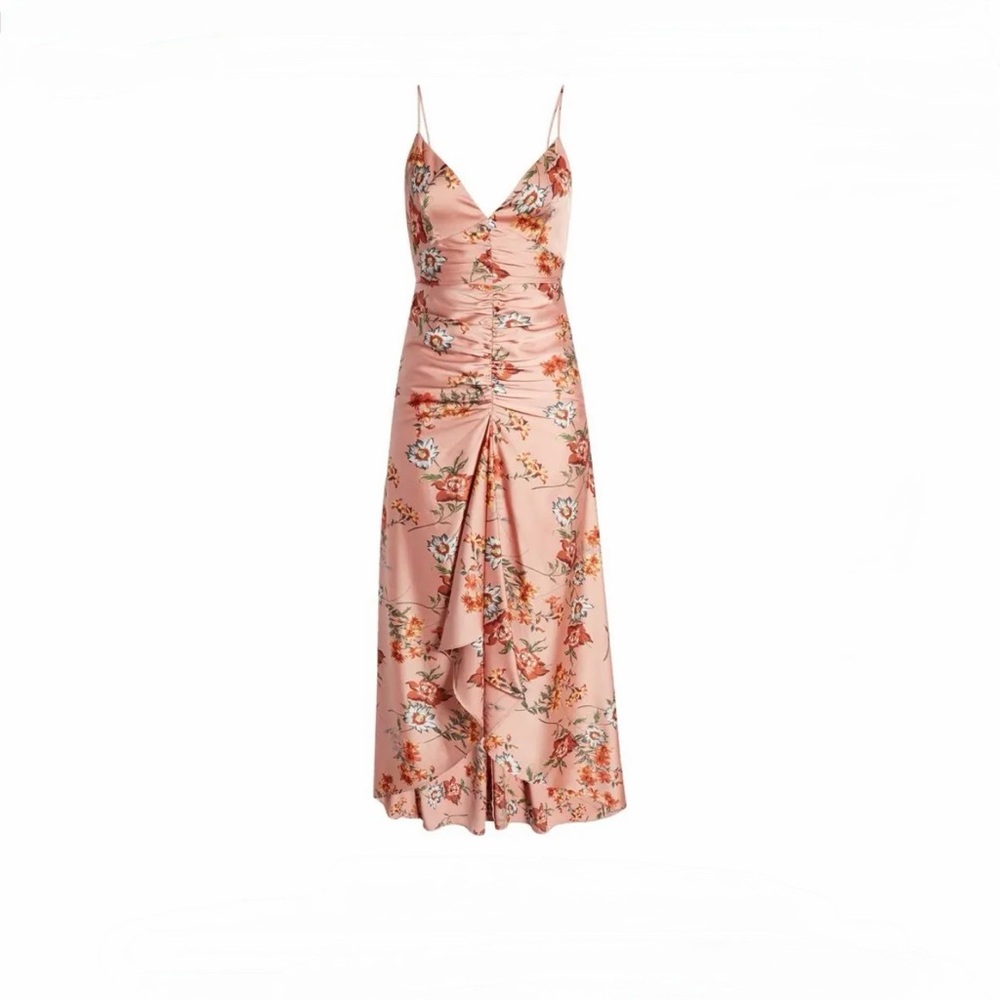 Floral Ruched Front Satin Midi Dress